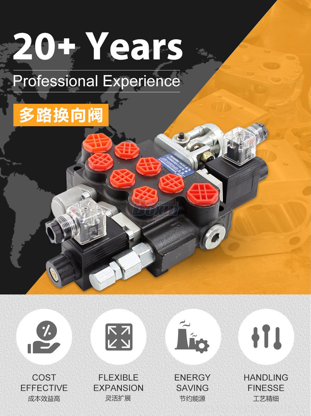 P40 电磁和操纵杆3联整体式多路换向阀 电磁+一控二 3 联 整体式换向阀